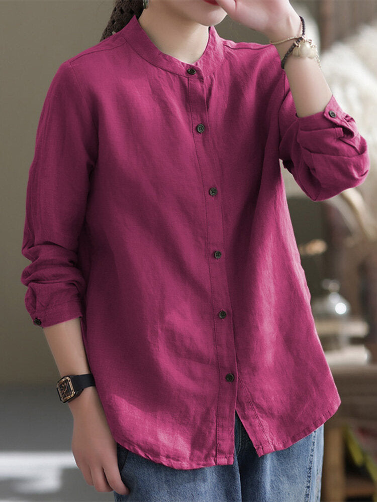 Solid Stand Collar Button Front Long Sleeve Blouse