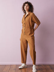 Solid Cotton Button Front Lapel Half Sleeve  Women Jumpsuits