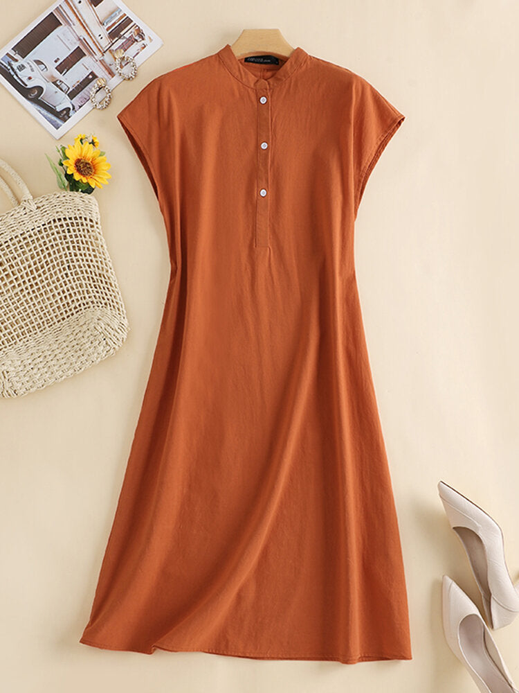 Solid Tie Back Button Front Short Sleeve Stand Collar  Women Dress