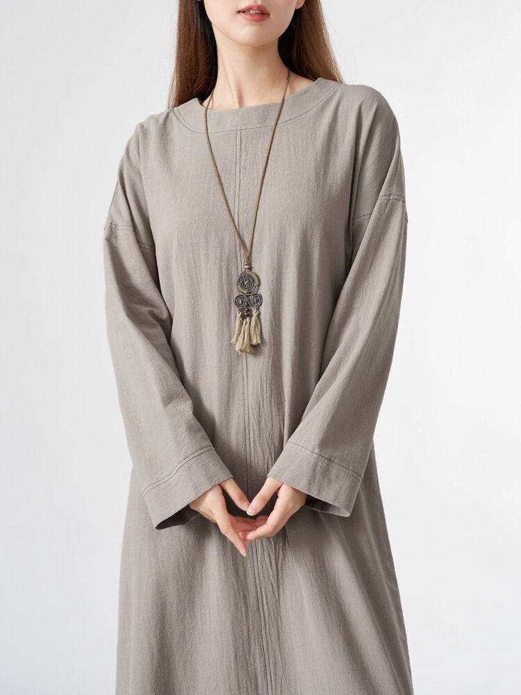 Solid Slit Hem Long Sleeve Crew Neck Vintage  Women Dress
