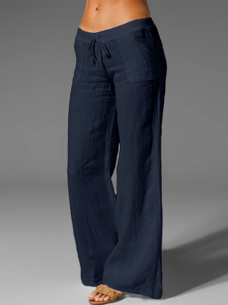 Solid Drawstring Waist Pocket Wide Leg Pants For Women