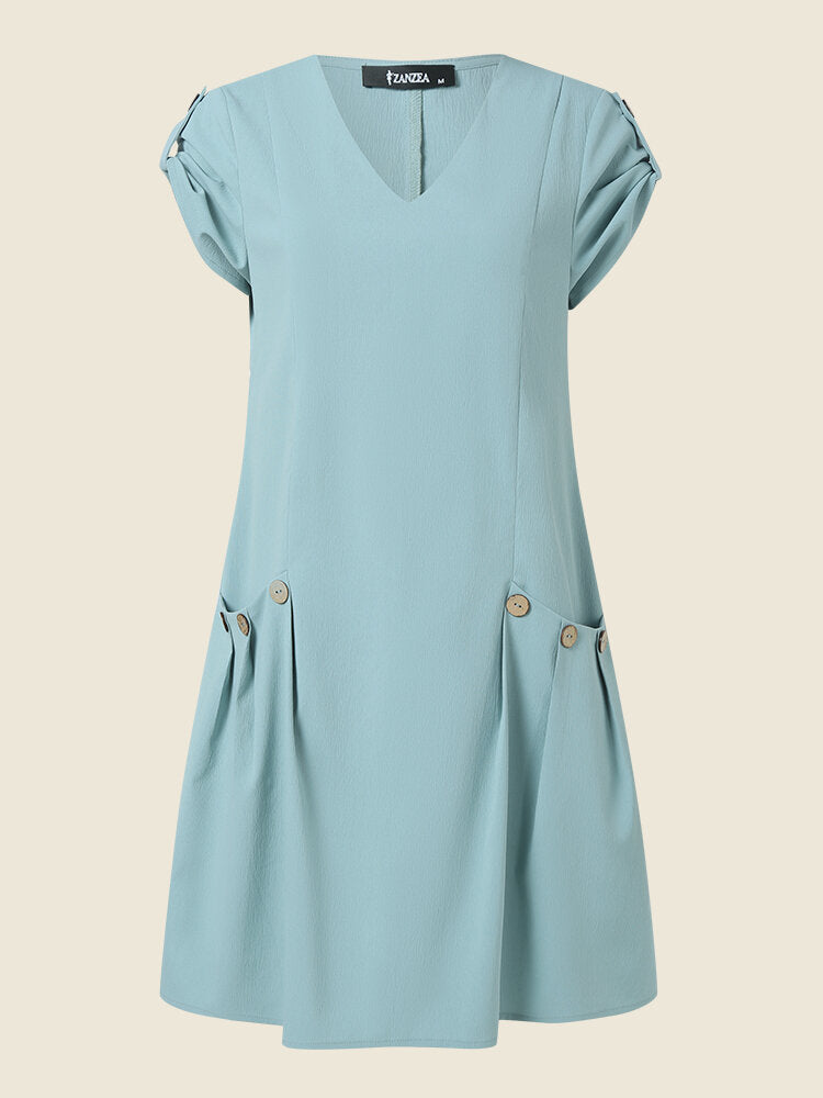Women Solid Dual Pocket V-neck Short Sleeve Dress