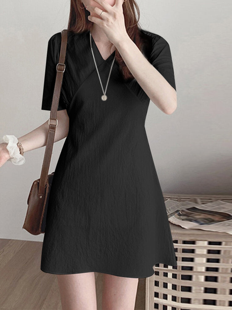 Solid Short Sleeve Invisible Zip V-neck A-line  Women Dress