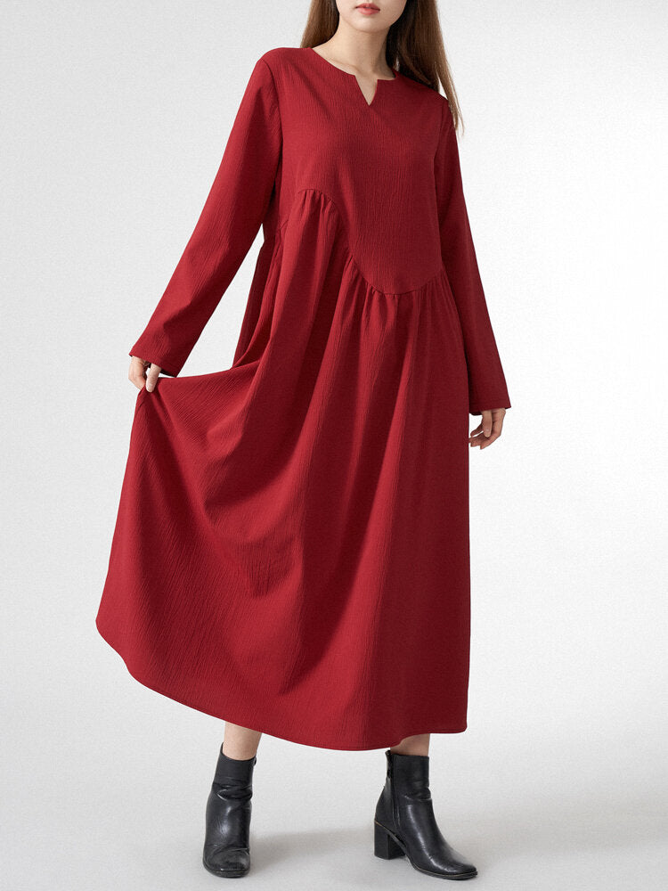 Women Solid Half Open Collar Long Sleeve Maxi Dress