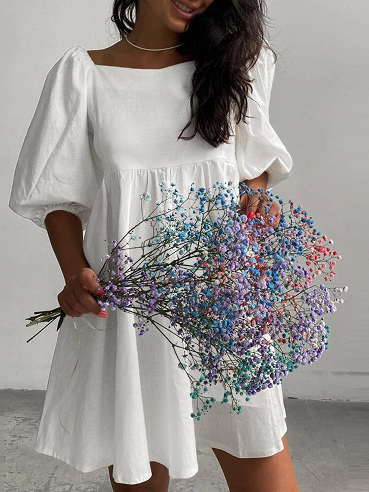 Puff Sleeve Square Collar Solid Dress For Women