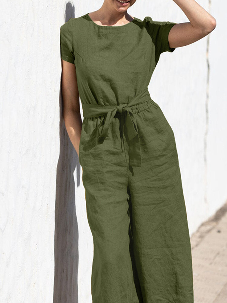 Solid Color Short Sleeve O-neck Cotton Wide Leg  Women Jumpsuits