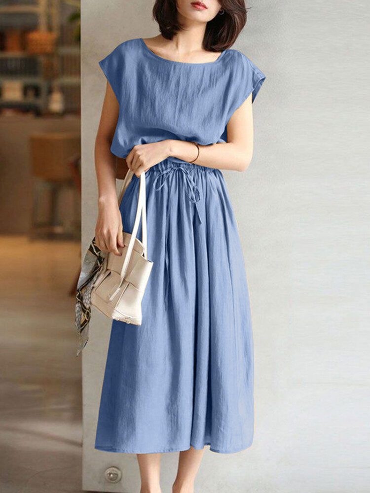 Drawstring Waist Pocket Solid Short Sleeve Casual Cotton Women Dress