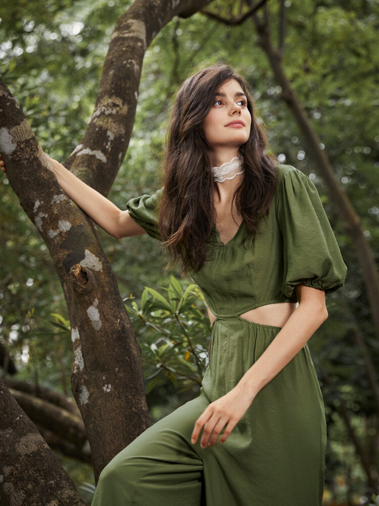 Solid Cut Out Waist Puff Sleeve V-neck Wide Leg  Women Jumpsuits