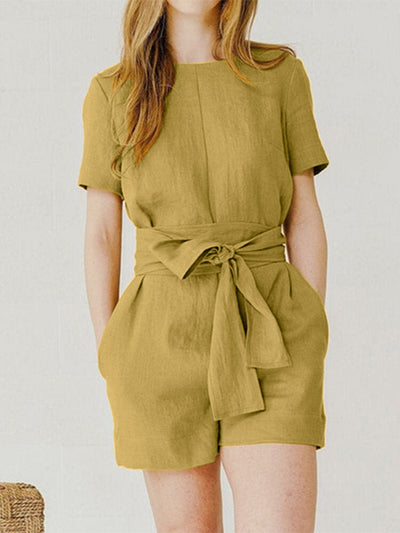 Women Solid Pocket Casual Romper With Belt