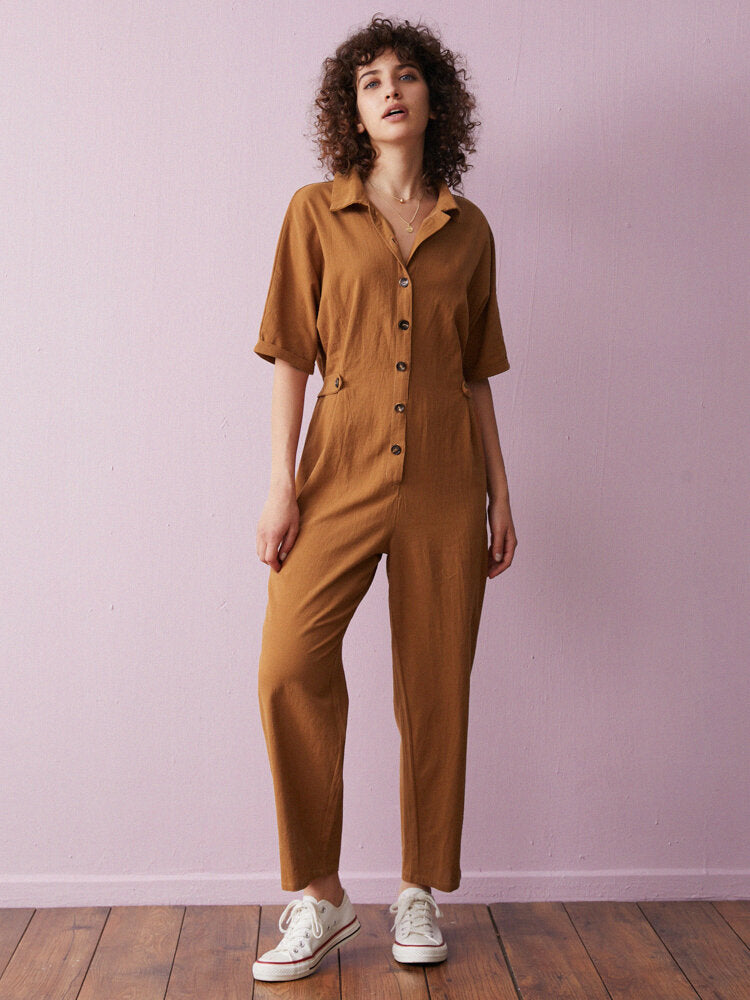 Solid Cotton Button Front Lapel Half Sleeve  Women Jumpsuits