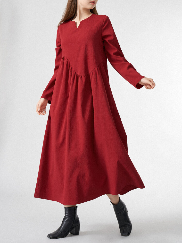 Women Solid Half Open Collar Long Sleeve Maxi Dress