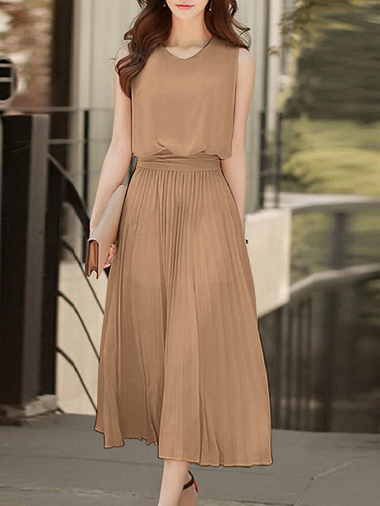 Solid Cut Out Back Pleated Sleeveless High Waist Tie Women Dress