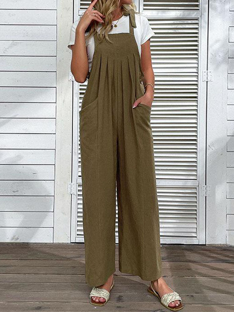 Solid Pocket Pleated Self Tie Strap Open Back  Women Jumpsuits