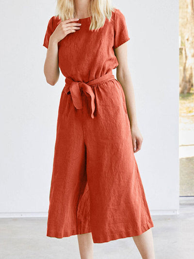 Solid Pocket Short Sleeve Wide Leg  With Belt Women Jumpsuits