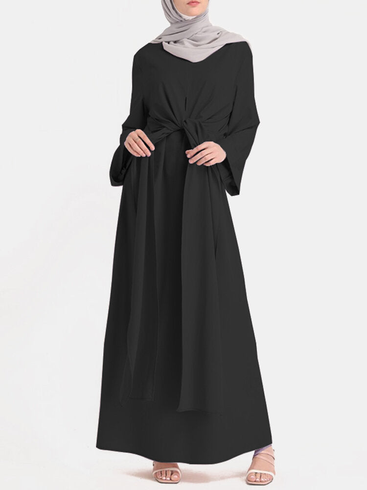Solid Color Knotted Long Sleeve Maxi Muslim Women Dress