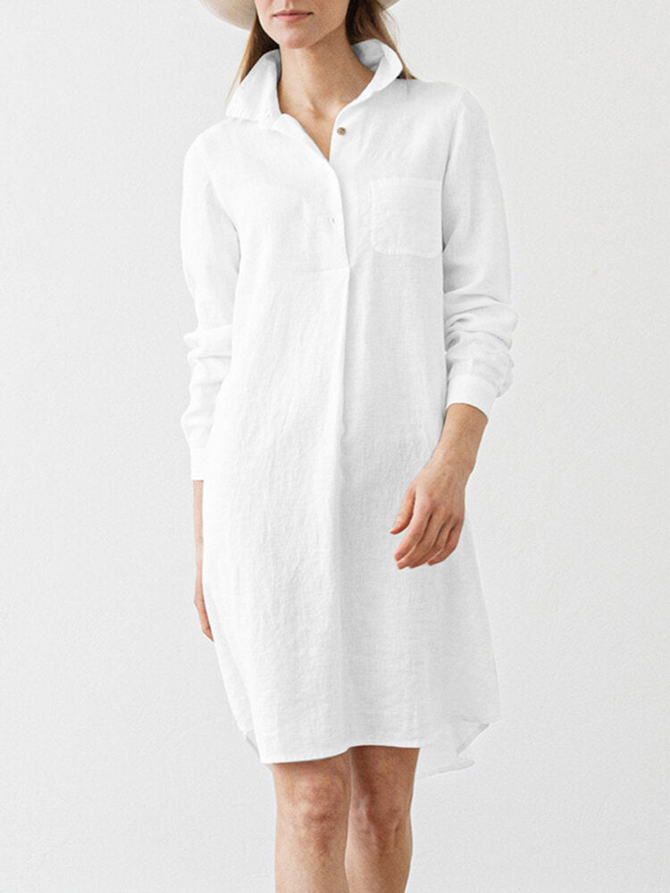 Women Solid Pocket Long Sleeve Lapel Vintage Dress