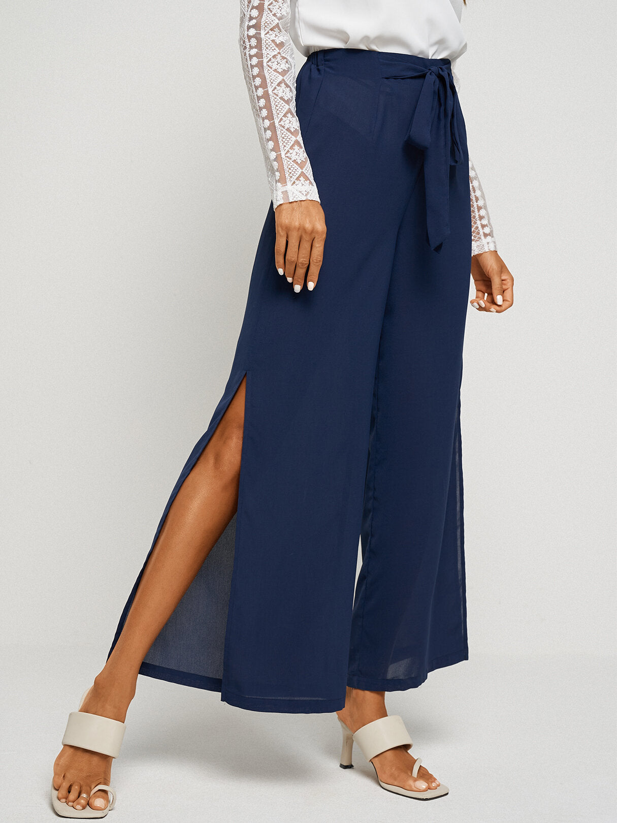 Solid Color Knotted Waist Slit Hem Wide Leg Pants
