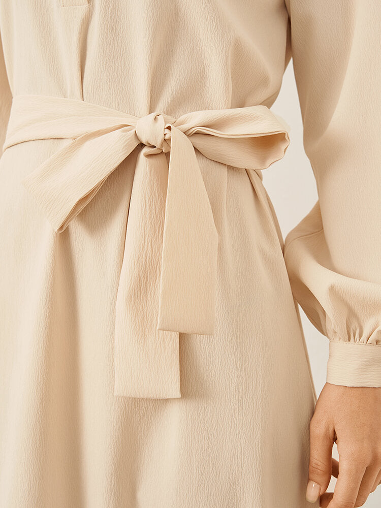 Solid Long Sleeve Button Lapel With Belt Women Dress