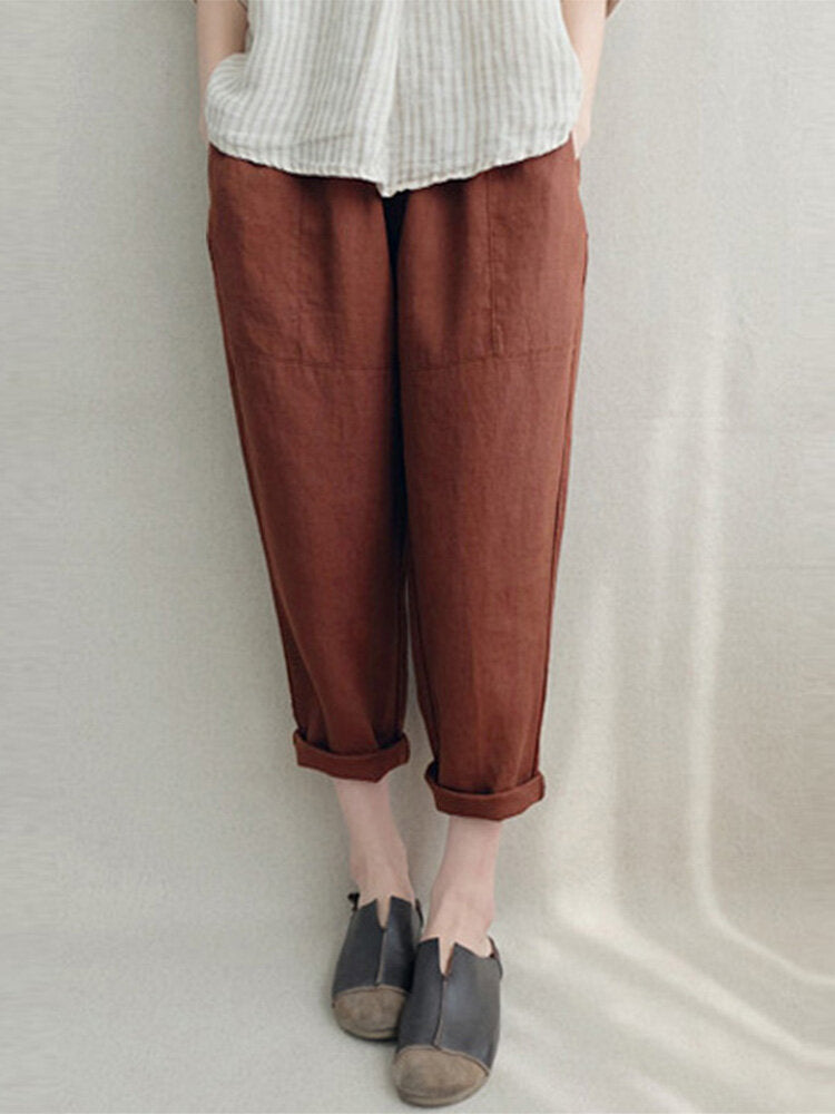 Plain Elastic Waist Pocket Casual Cotton Linen Pants