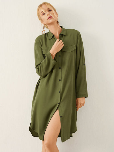 Solid Long Sleeve Button Front Lapel Women Dress
