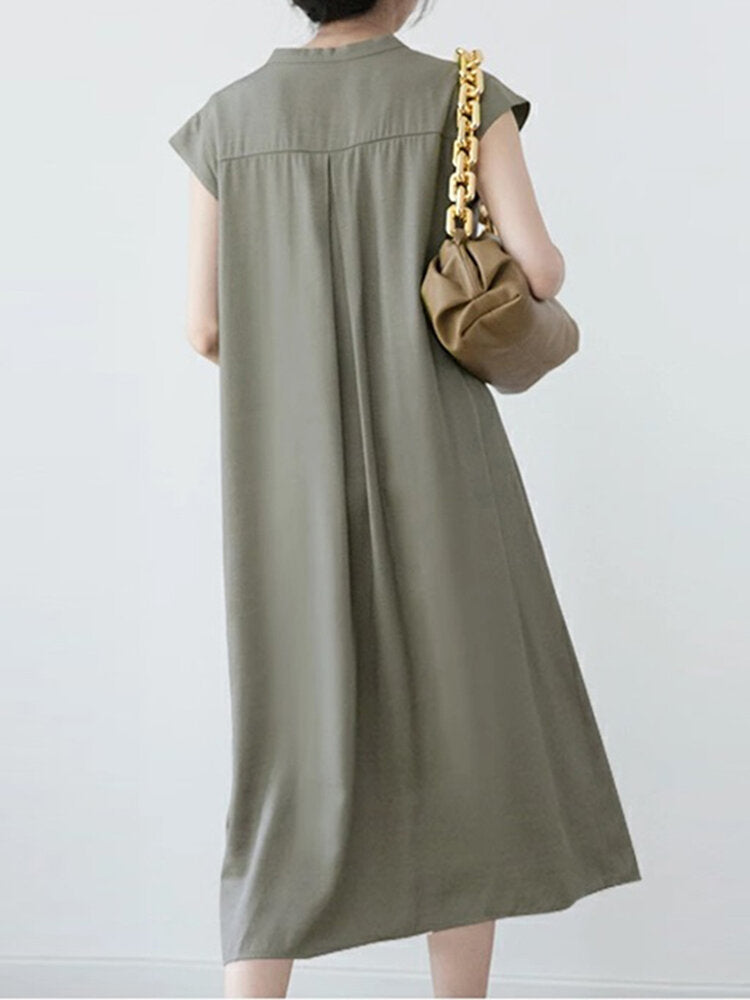 Solid Notch Neck Short Sleeve With Belt Women Dress