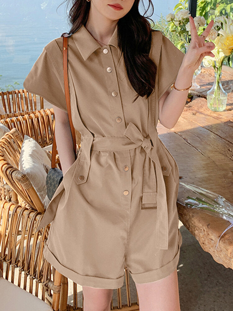 Solid Belt Button Front Pocket Short Sleeve Lapel Cargo  Women Romper