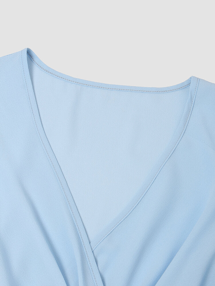 Solid Ruffle Short Sleeve Wrap V-neck Belt  Women Dress