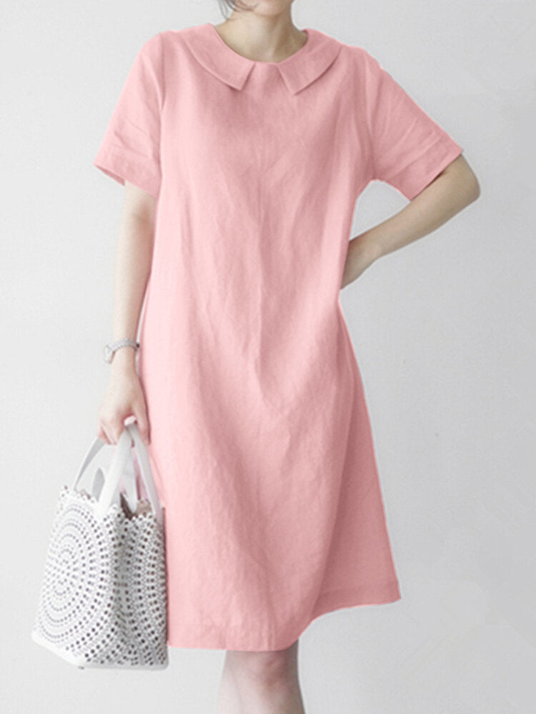 Women Solid Peter Pan Collar Short Sleeve Dress