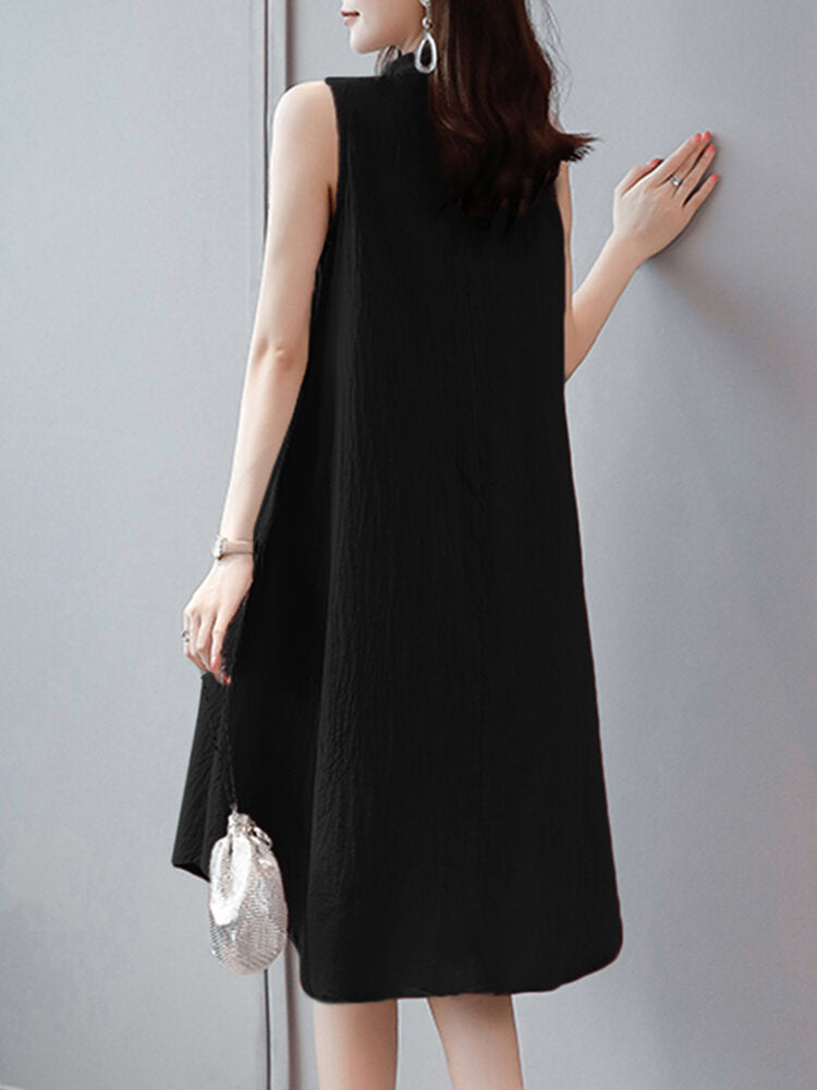 Solid Stand Collar Button Sleeveless Dress For Women