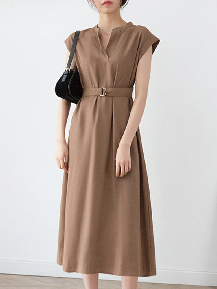 Solid Notch Neck Short Sleeve With Belt Women Dress