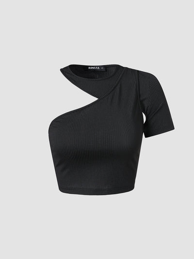 Solid Asymmetrical Cut Out Crew Neck Crop Top