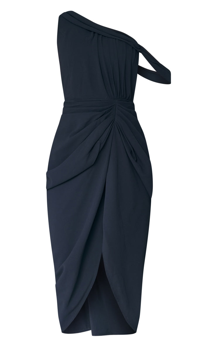 Black Chiffon Asymmetric Strap Draped Midi Dress