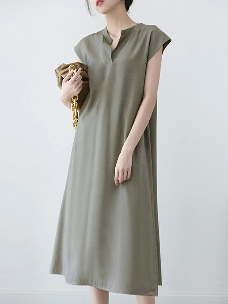 Solid Notch Neck Short Sleeve With Belt Women Dress