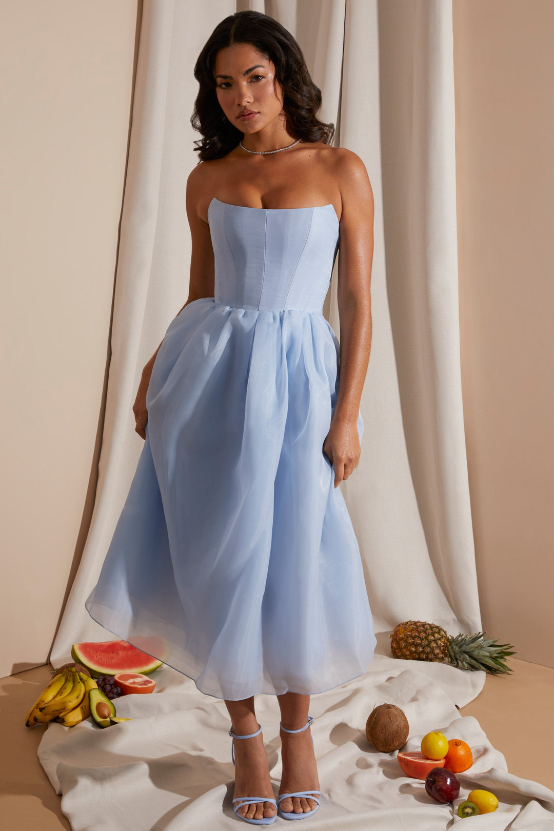 Luxe Strapless Corset Midi Dress with Tulle