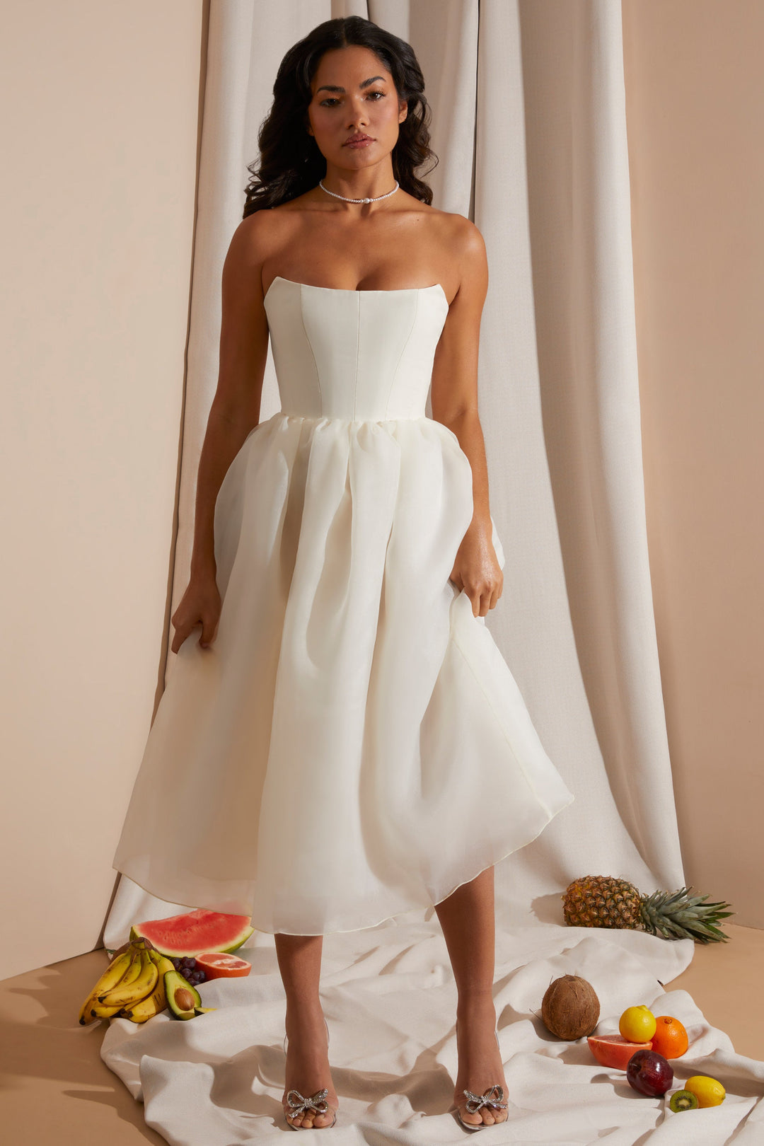 Luxe Strapless Corset Midi Dress with Tulle
