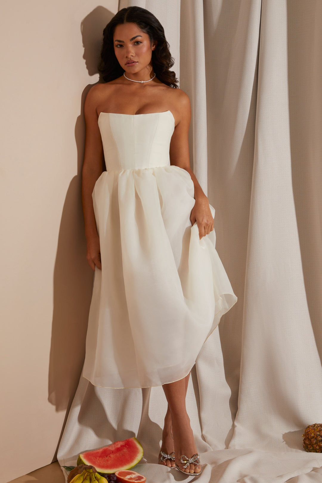 Luxe Strapless Corset Midi Dress with Tulle