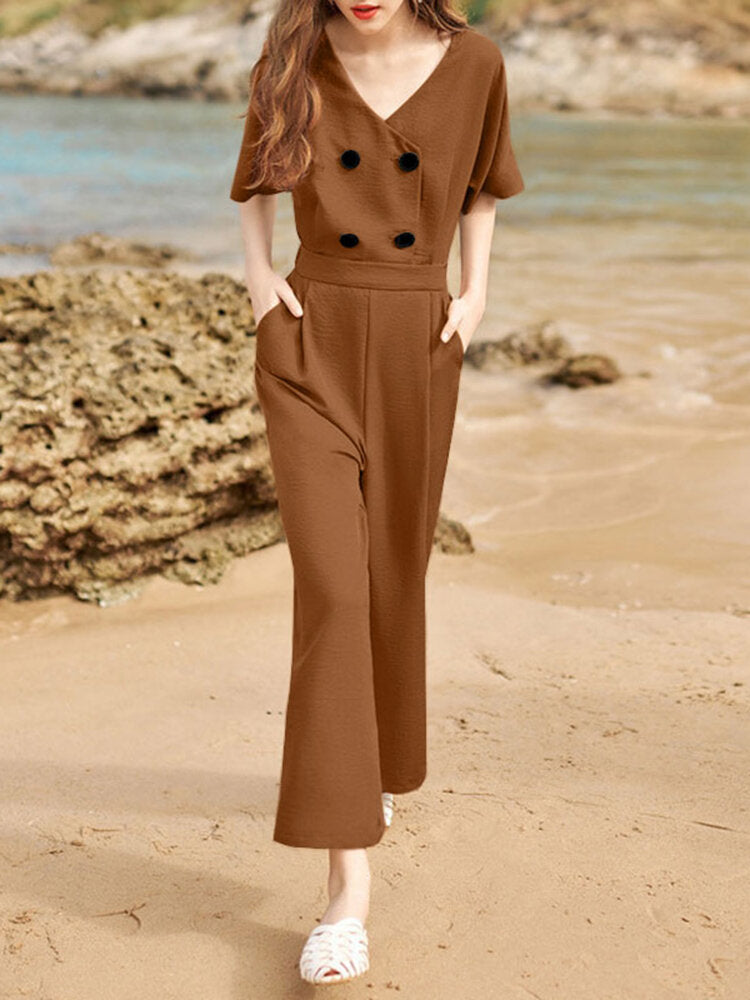 Solid Double Breasted Pocket Short Sleeve V-neck  Women Jumpsuits