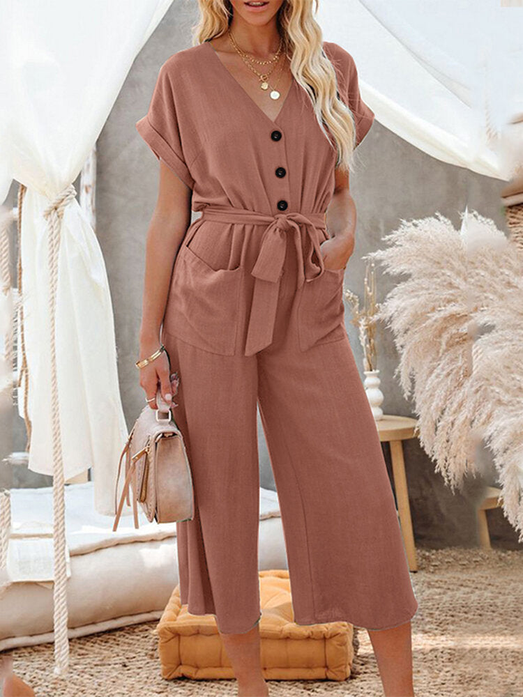 Solid Button Belt V-neck Pocket Short Sleeve  Women Jumpsuits