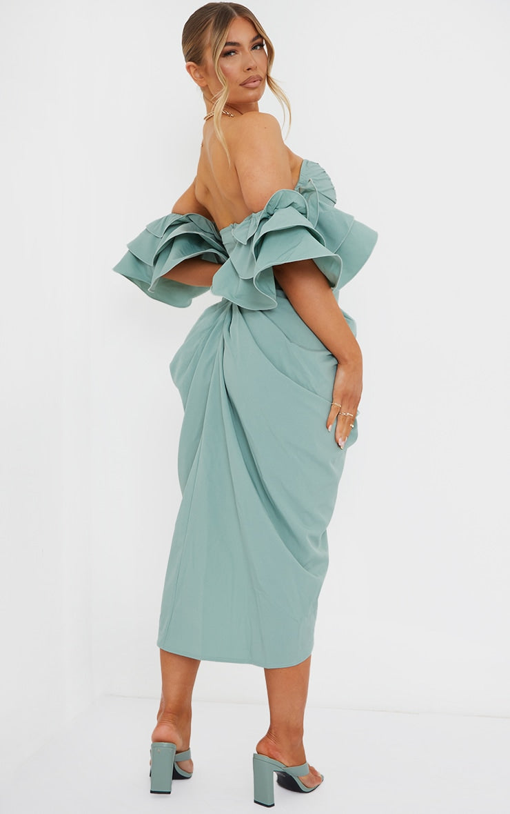 Stunning Sage Green Midi Dress with Frill Sleeves