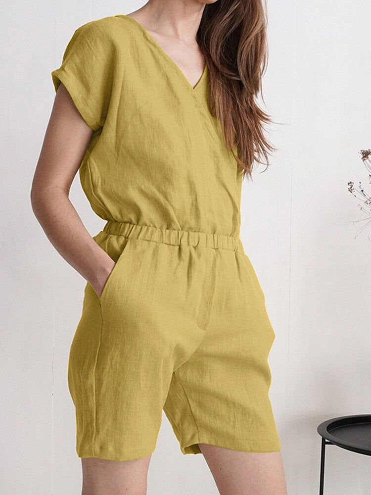 Solid Wrap V-neck Pocket Short Sleeve Casual  Women Romper