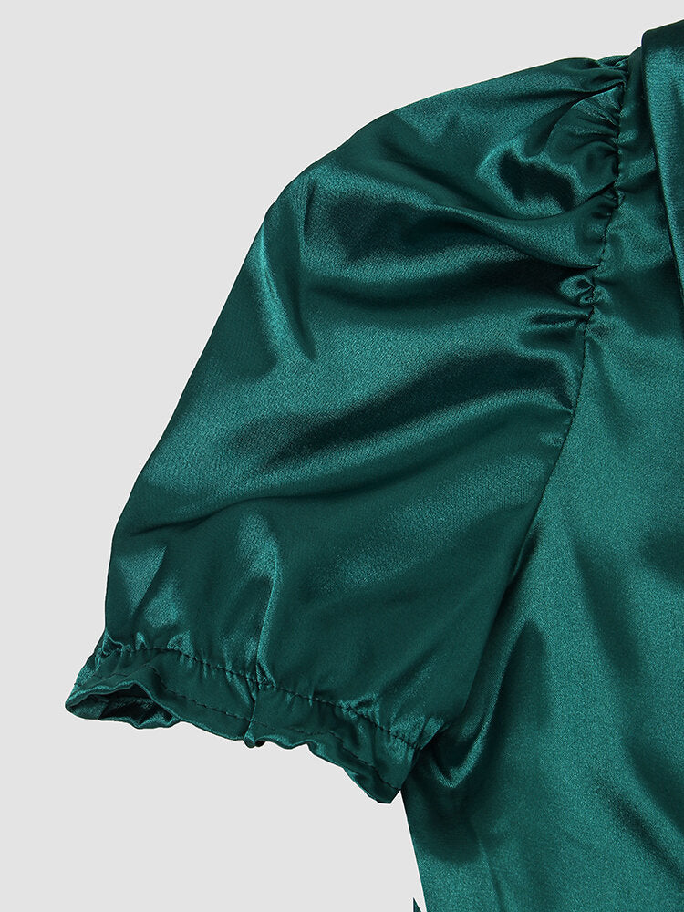Satin Solid Twisted Tie Back Puff Sleeve Lapel Crop Top