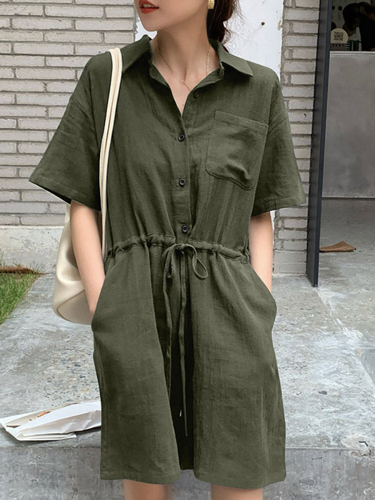 Solid Drawstring Waist Pocket Button Front Lapel Cargo  Women Romper