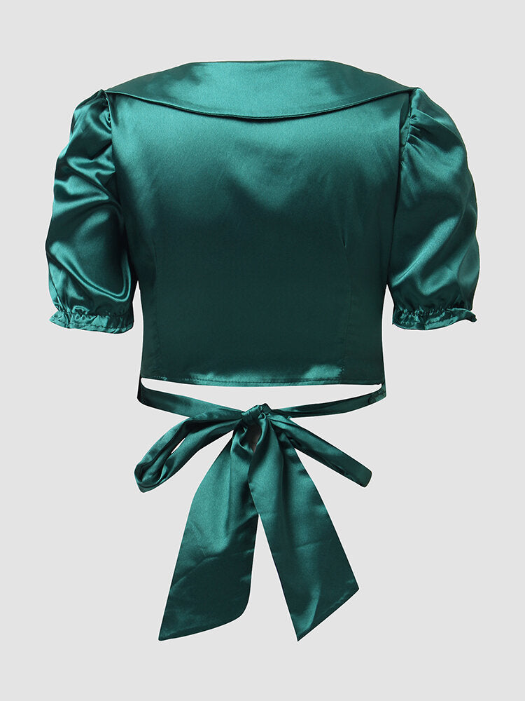 Satin Solid Twisted Tie Back Puff Sleeve Lapel Crop Top