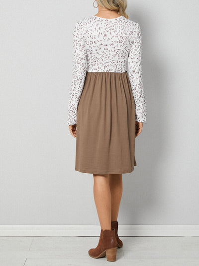 Leopard Check Stitch Bowknot Long Sleeve Crew Neck Dress