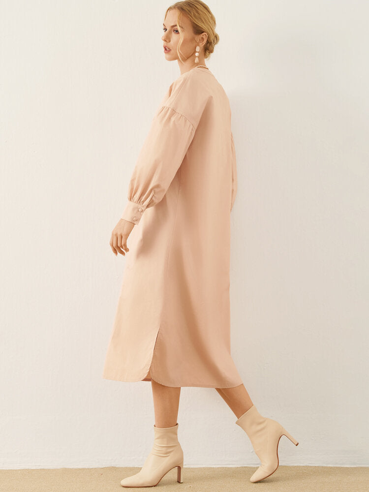 Solid Slit Hem Button Front Long Sleeve Stand Collar Women Dress
