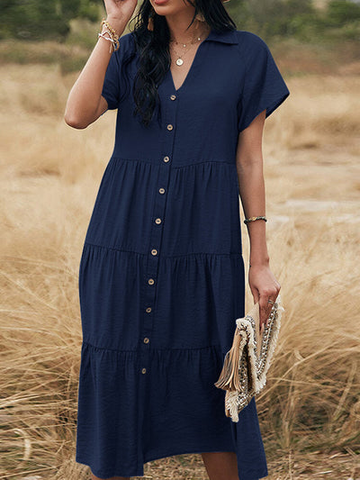 Solid Lapel Short Sleeve Button Front Casual  Women Dress