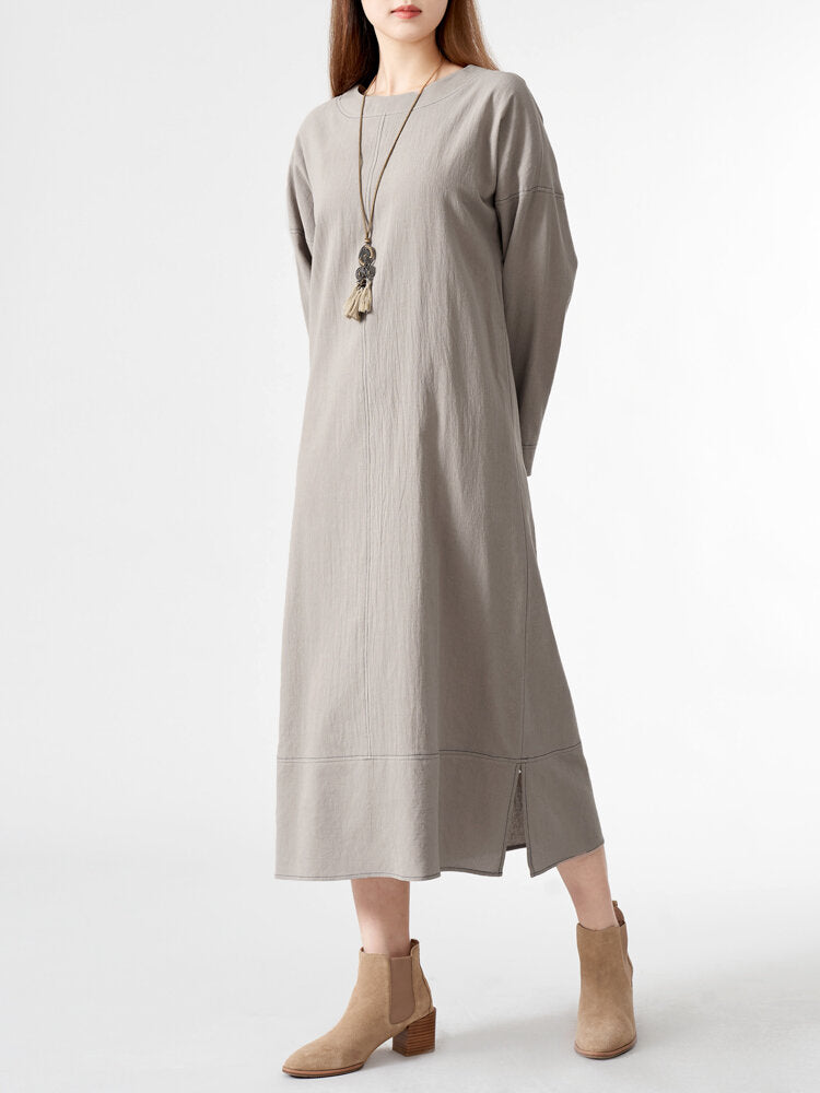 Solid Slit Hem Long Sleeve Crew Neck Vintage  Women Dress