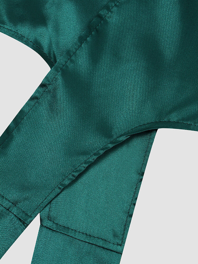 Satin Solid Twisted Tie Back Puff Sleeve Lapel Crop Top