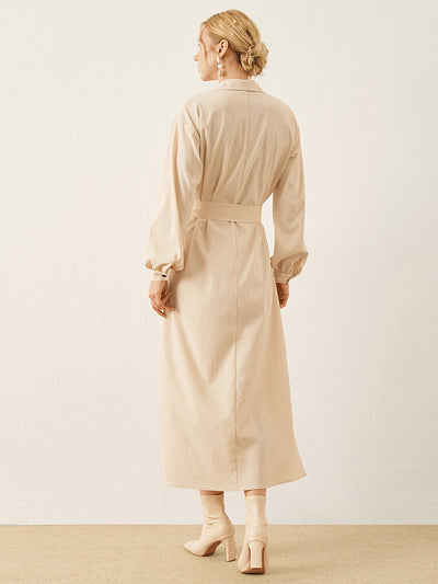 Solid Long Sleeve Button Lapel With Belt Women Dress