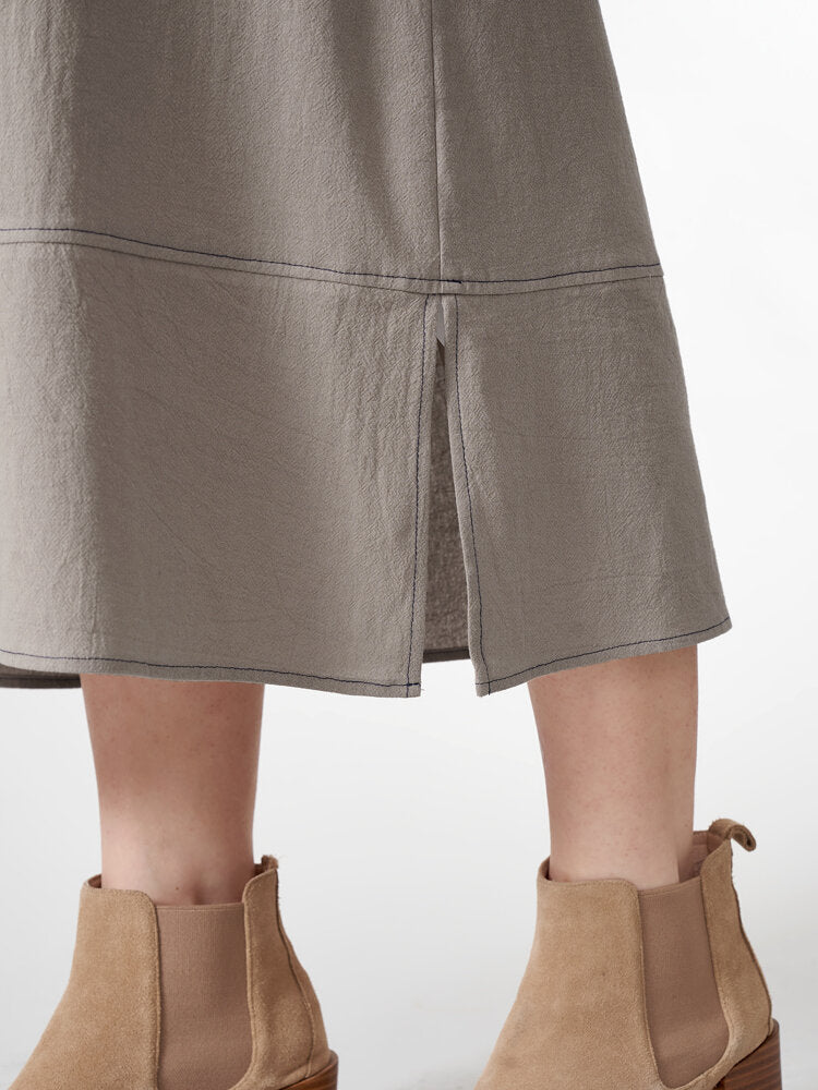 Solid Slit Hem Long Sleeve Crew Neck Vintage  Women Dress